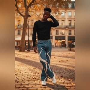 Artistic Blue and White Men's Bootcut Jeans